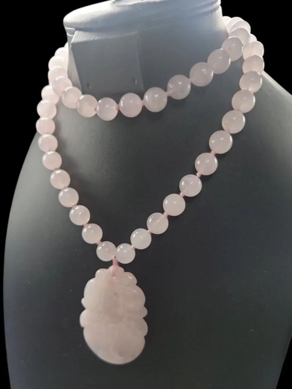 Chinese Rose Quartz Hand Knotted Mala Lotus Design Necklace 28